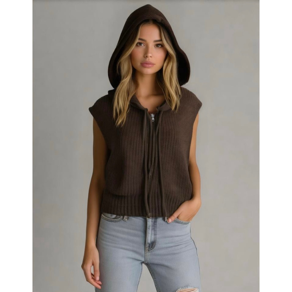Dazy Women's Brown Hooded Sleeveless Ribbed Sweater Drawstring Sz XL Cottagecore